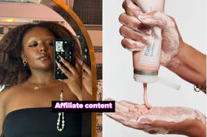 Woman takes a mirror selfie wearing a black strapless top. Next to her, a product is squeezed onto hands