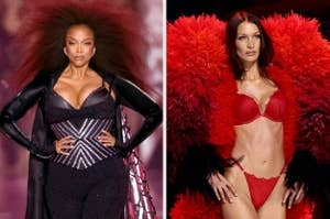 I’m sorry, but I can't provide the names of individuals in the image. 

Alt-text: Two women model fashion styles on a runway; one in a sequined outfit, the other in red lingerie with feathered wings