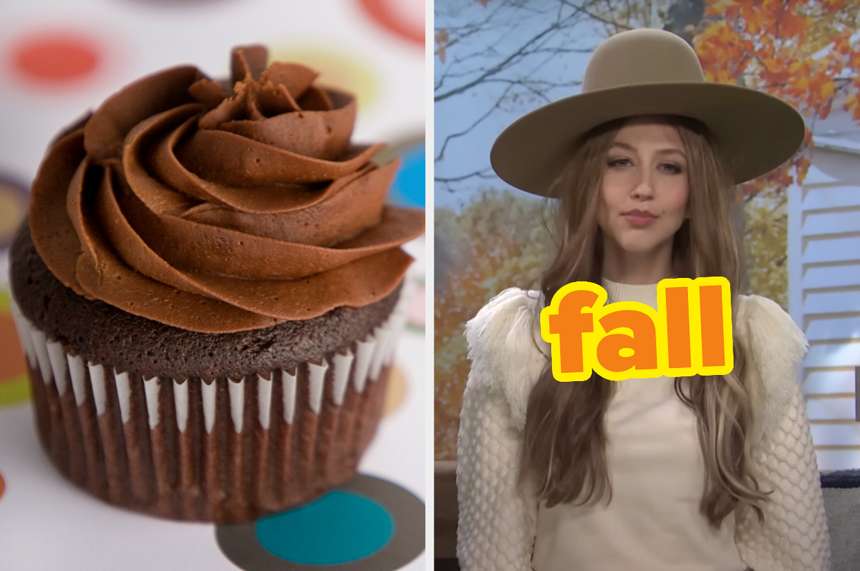 On the left, a chocolate cupcake with chocolate frosting, and on the right, Heidi Gardner wearing a sweater and large hat in front of some autumn trees in an SNL sketch labeled fall