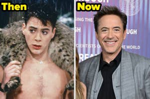 Two side-by-side images of Robert Downey Jr.: young and shirtless with a fur piece, older in a suit at an event