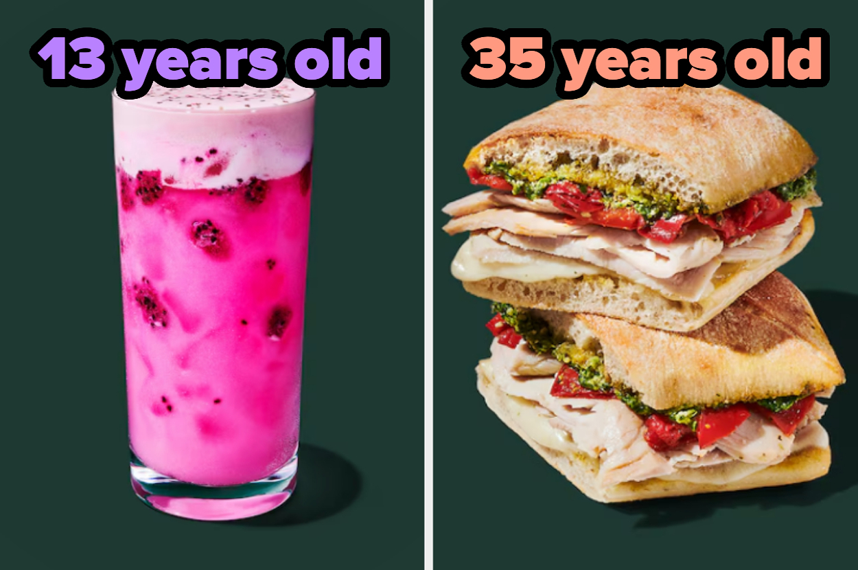 On the left, Glinda's Pink Potion from Starbucks labeled 13 years old, and on the right, a turkey pesto sandwich from Starbucks labeled 35 years old