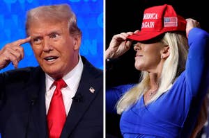 Two people on stage. Left: Person in a suit gestures at head. Right: Person in a blue dress adjusts a red "Make America Great Again" hat