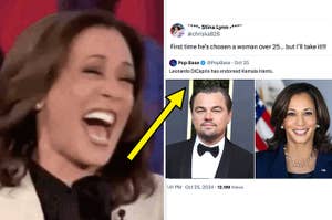 Kamala Harris laughing in reaction to a tweet about Leonardo DiCaprio endorsing her