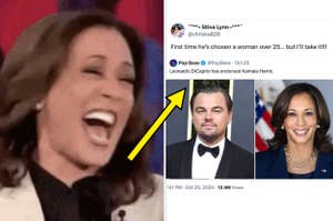 Kamala Harris laughing in reaction to a tweet about Leonardo DiCaprio endorsing her