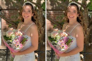 Bride smiling and holding a bouquet of roses and carnations outdoors