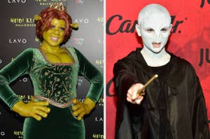 Split image of Heidi Klum dressed as Princess Feona and Joey King dressed as Lord Voldemort