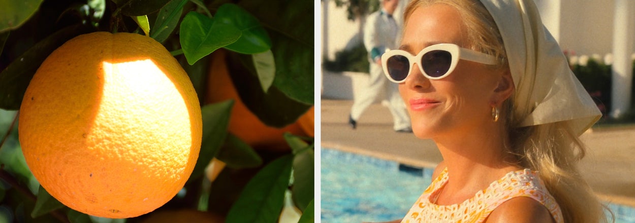 Left: Oranges hanging on a tree. Right: Person near a pool wearing a patterned dress, white sunglasses, and a headscarf