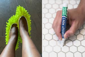 On the left, a person wears bright, textured shoes resembling cleaning mop slippers. On the right, a hand uses a Grout Pen to restore white tile grout