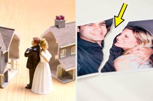 A separated bride and groom figurine near a split house; a torn couple photo highlights relationship issues