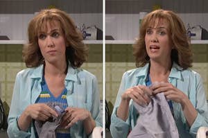 Kristen Wiig, in character, is seen in two side-by-side frames acting out a scene from a comedy sketch, holding fabric and speaking