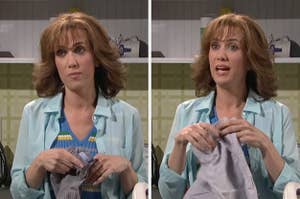 Kristen Wiig, in character, is seen in two side-by-side frames acting out a scene from a comedy sketch, holding fabric and speaking