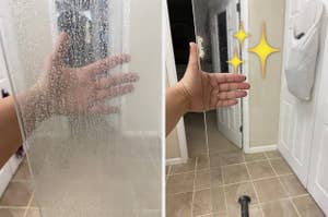 A hand is shown cleaning a glass shower door. The left side demonstrates before cleaning, and the right side shows after cleaning with a sparkling clean result