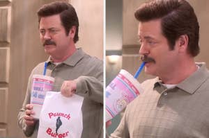 Nick Offerman holds a Paunch Burger bag and large drink cup in a humorous scene from the TV show "Parks and Recreation."