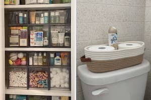 Bathroom shelf with various toiletries in clear organizing bins and a toilet tank holding a basket with Glade spray and extra toilet paper rolls