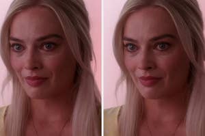 Margot Robbie is shown in this image with long, straight hair. She has a calm expression and is wearing a light-colored top