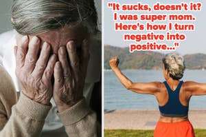 A woman holds her face in despair; the same woman confidently poses by a lake in workout gear. Text: "It sucks, doesn't it? I was super mom. Here's how I turn negative into positive..."