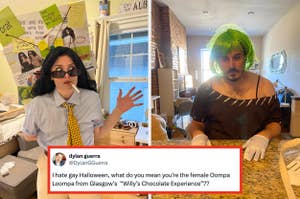 Two people in humorous costumes. One dressed as a character with a tie, glasses, and cigarette, the other in a wig and dress. Tweet joking about Halloween