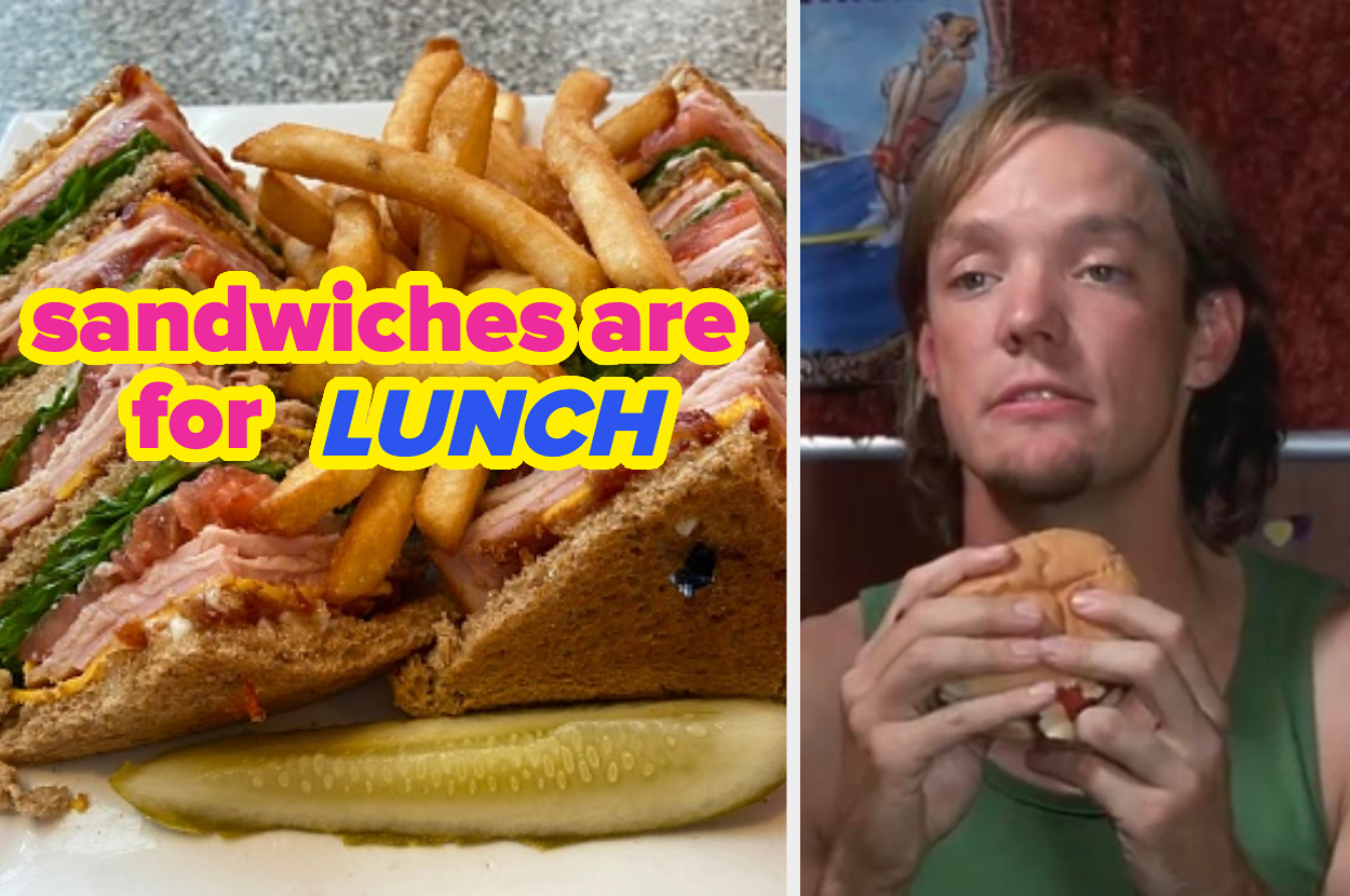 A man holds a sandwich on the right; text on the left reads, "sandwiches are for lunch" with a sandwich, fries, and pickle displayed