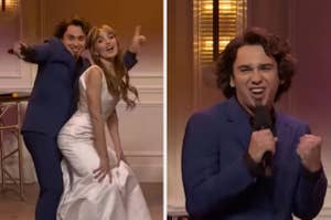 Unaired "Saturday Night Live" sketch: two actors, one in a suit, the other in a gown, dance energetically; solo, the suited actor sings passionately