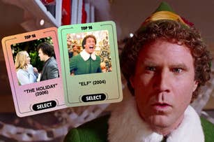 Will Ferrell furrowing his brows as Buddy the Elf with two cards reading The Holiday and Elf placed beside him