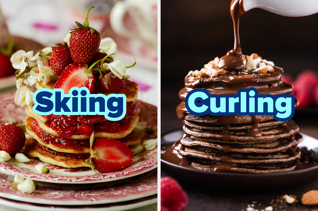 Two stacks of pancakes: left topped with strawberries labeled "Skiing," right with chocolate syrup labeled "Curling."