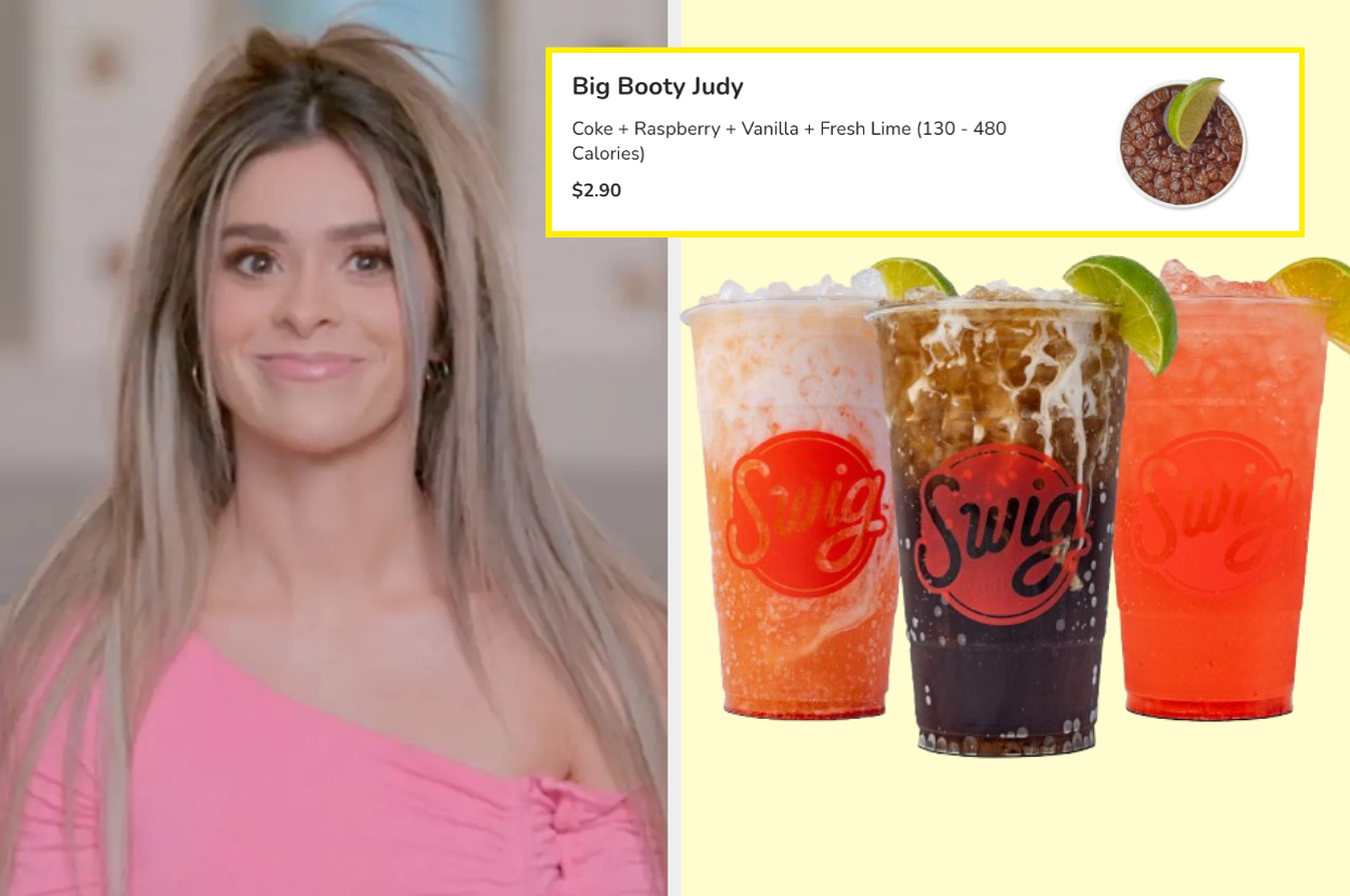 Person with long hair wearing a pink top. Drinks labeled "Big Booty Judy" with details and three colorful beverages shown