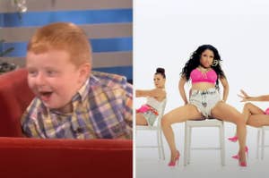 A young boy laughing on a talk show next to a scene of Nicki Minaj dancing in a pink top and jean shorts with backup dancers, seated on chairs