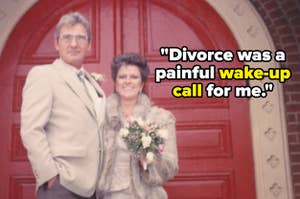 Older couple in formal attire posing with flowers. Quote: "Divorce was a painful wake-up call for me."