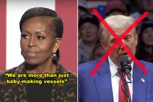 The image shows Michelle Obama speaking at an event with quoted text. Donald Trump is pictured with a red X over his face during a rally