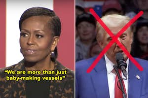 The image shows Michelle Obama speaking at an event with quoted text. Donald Trump is pictured with a red X over his face during a rally