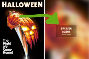 Halloween movie poster with a knife and pumpkin face. Arrow pointing to blurred area labeled "Spoiler Alert Click to reveal". Text: "The Night He Came Home!"