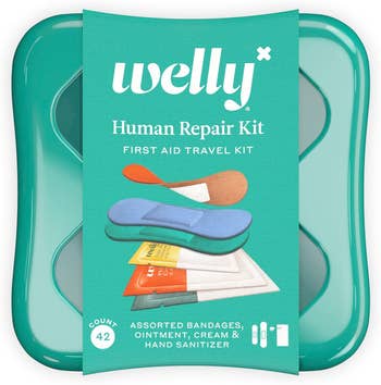 Welly Human Repair Kit first aid travel kit package with assorted bandages, ointment, cream, and hand sanitizer, count of 42 items