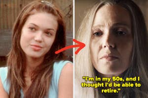 A young Mandy Moore next to an old Mandy Moore with the caption: "I'm in my 50s, and I thought I'd be able to retire"