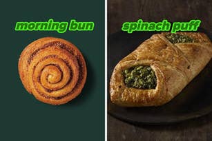 Morning bun and spinach puff on dark backgrounds with green text labels