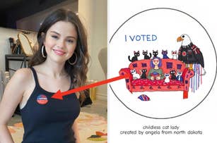 I don't know who is in the image. A person with an "I Voted" sticker points at a drawing of cats and an eagle on a couch with voting stickers