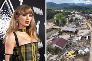 I don't know who the person is. They are wearing a plaid, strapless outfit on a red carpet. Next to them is an aerial view of flood damage in a rural area