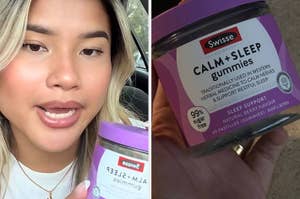 Person holding and showing a jar of Swisse Calm + Sleep Gummies for restful sleep