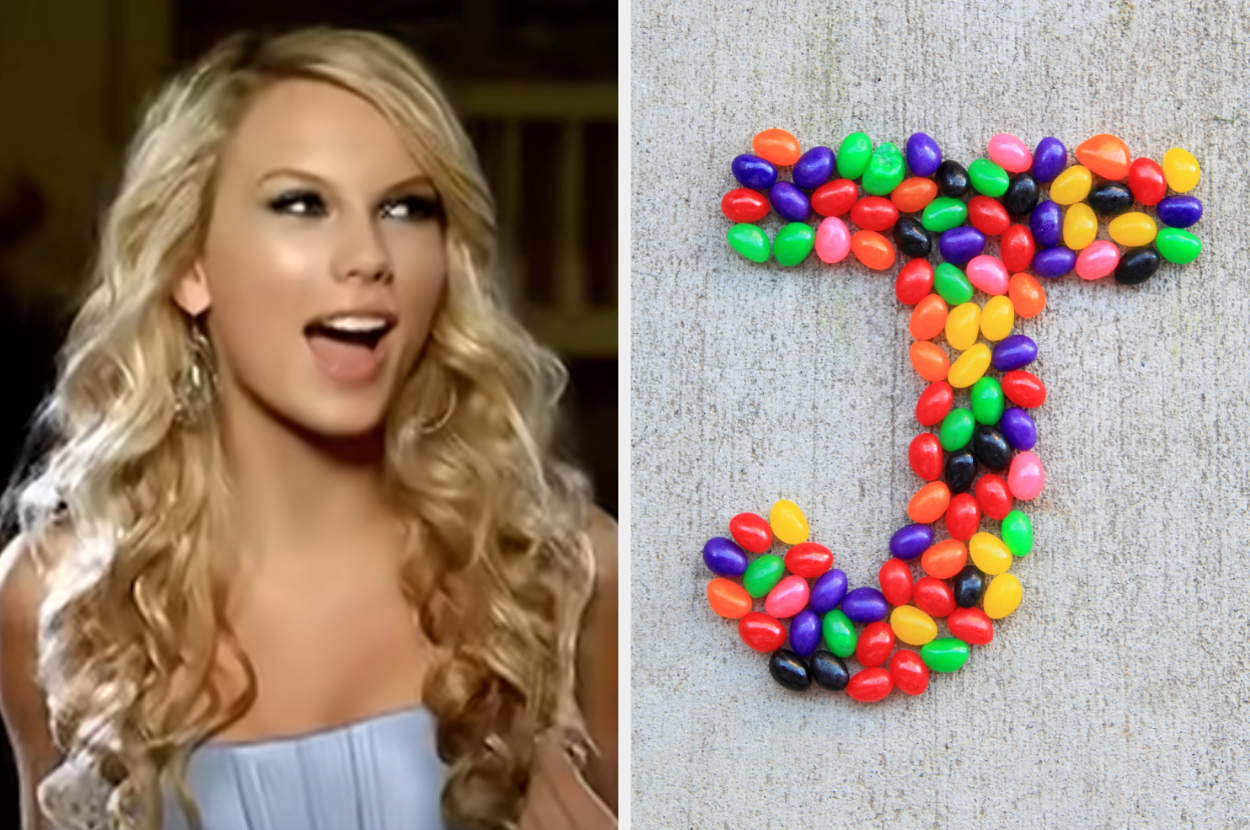 On the left, Taylor Swift looking off to the side in the Our Song music video, and on the right, jelly beans arranged into the letter J