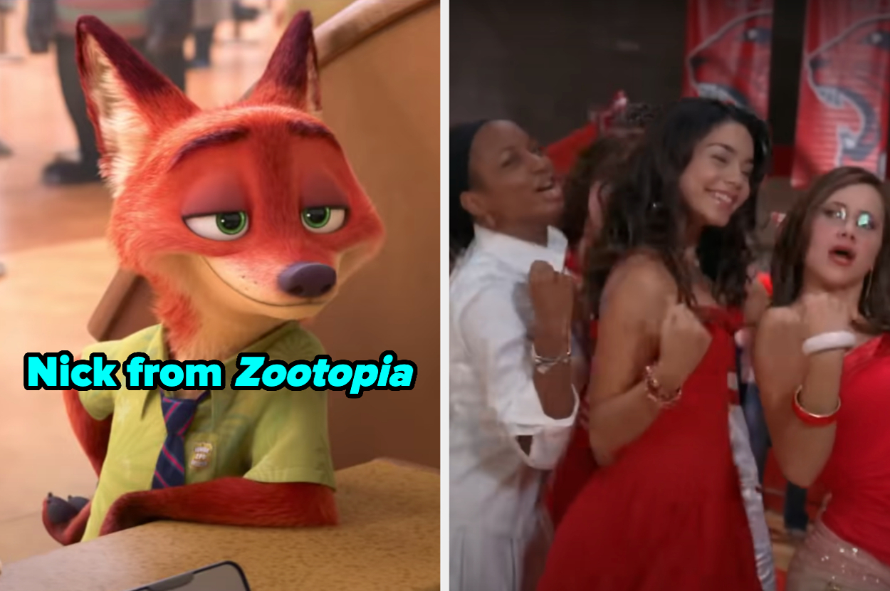 On the left, Nick from Zootopia, and on the right, Taylor, Gabriella, and Kelsi from High School Musical singing We're All in This Together