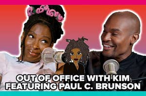 Kim and Paul C. Brunson are smiling at each other with microphones in front of them. Text: "Out of Office with Kim Featuring Paul C. Brunson."