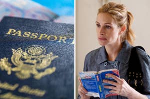 Split image of a US passport and Julia Roberts holding an Italian language book.