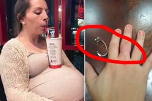 Side-by-sides of a pregnant person balancing a drink on their belly + someone's swollen hand with their ring that was just cut off their finger