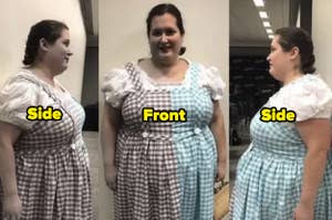 Person in gingham-style dress shown from side and front views