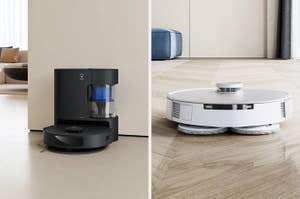 Robotic vacuum cleaner with a charging base (left) and a floor-cleaning robot with spinning pads (right) in home settings