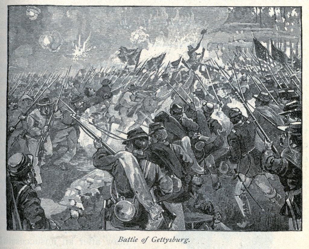 Illustration of the Battle of Gettysburg showing soldiers in combat with rifles and American flags