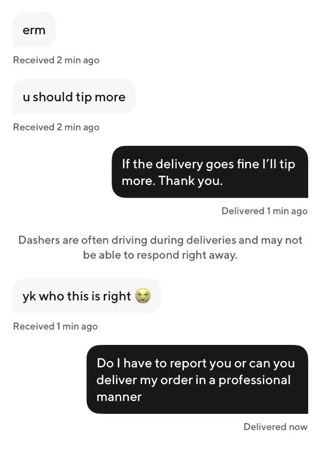 Text message exchange about tipping and delivery service professionalism