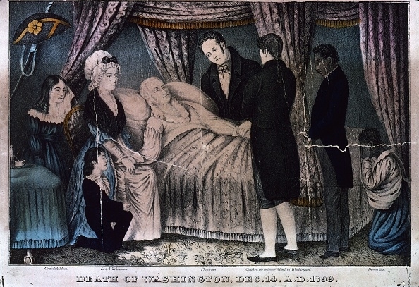 Historical illustration of George Washington&#x27;s deathbed scene in 1799, with family and friends gathered around