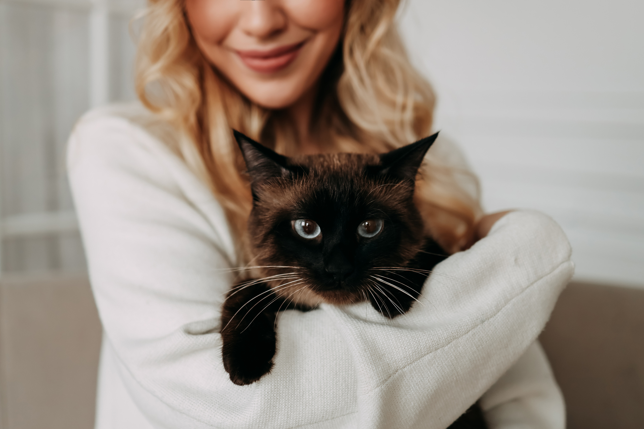 A woman with blonde hair smiles gently while holding a Siamese cat in her arms