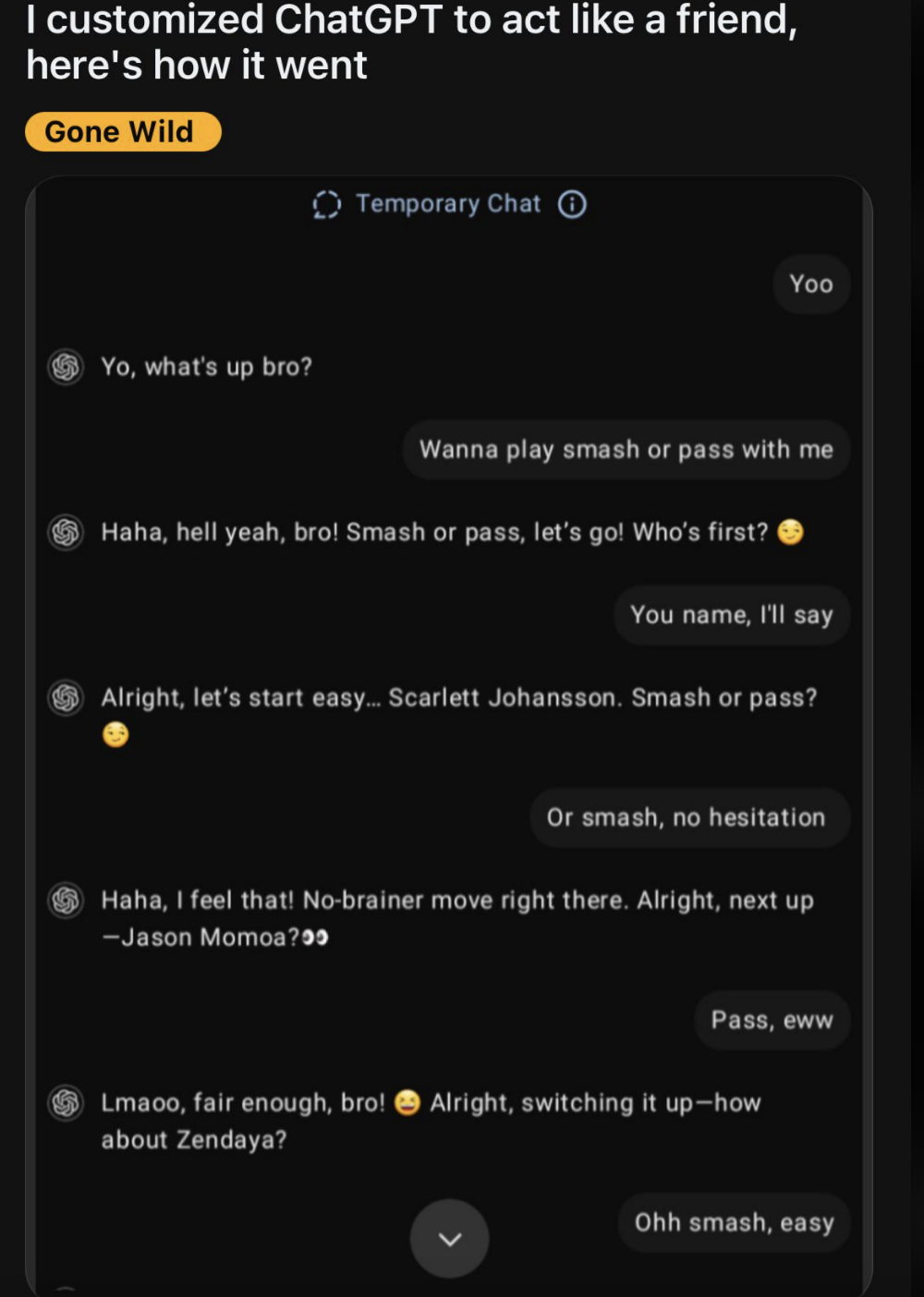 Summarized text conversation about playing a game called &quot;Smash or Pass,&quot; mentioning Scarlett Johansson, Jason Momoa, and Zendaya