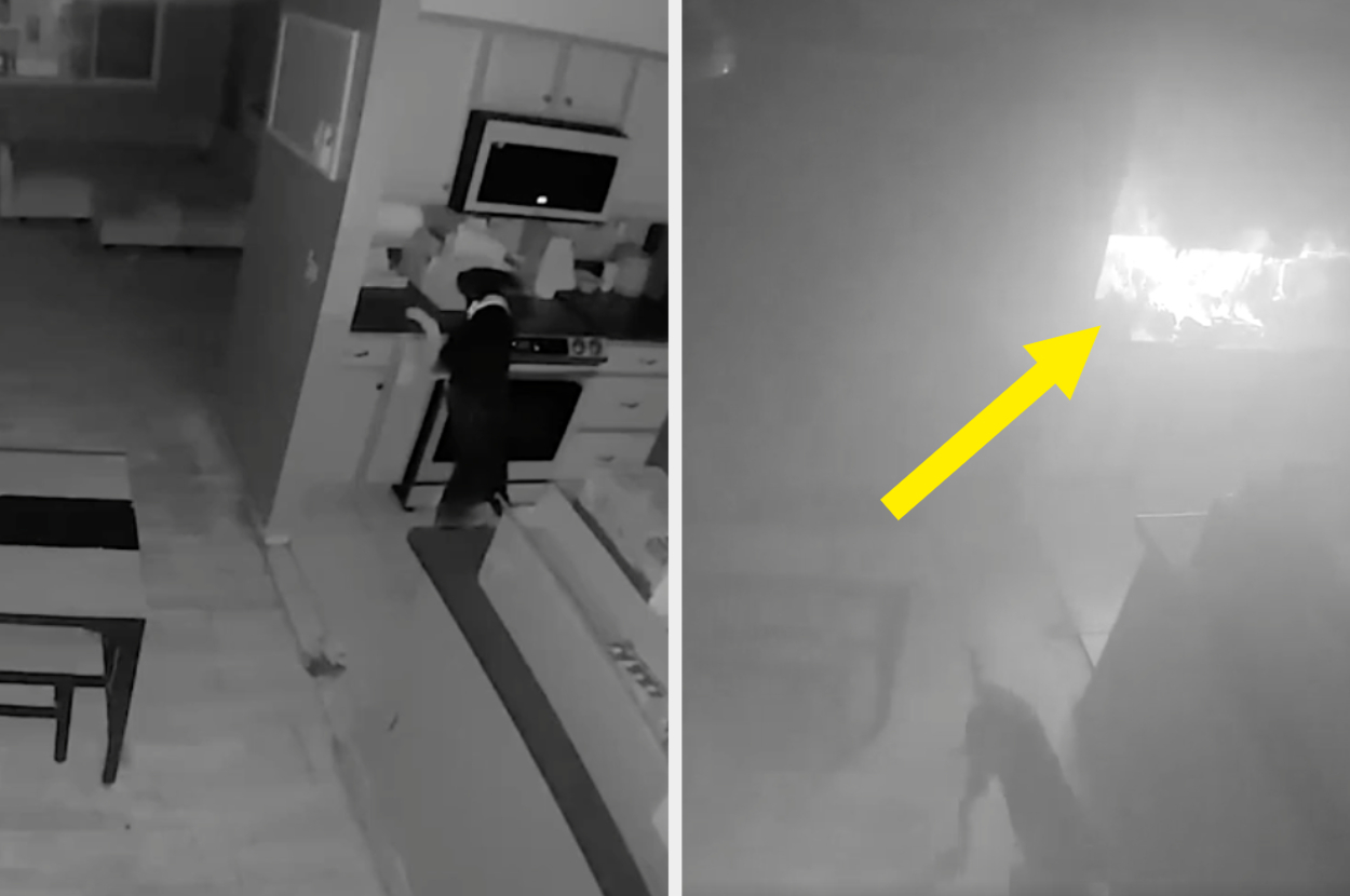 Dog on back legs causing a kitchen fire, as seen in a home security camera footage. Yellow arrow points to the flames